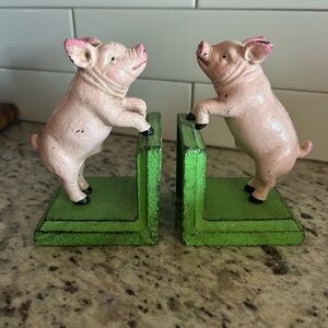 Vintage Pink Pig Bookends on Green Bases - Decorative Home Accent